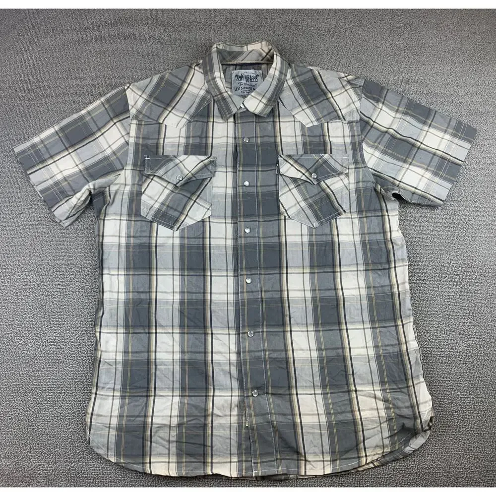 Levi’s Western Snap Shirt Men's L Gray Plaid‎ Short Sleeve Pearl Snaps